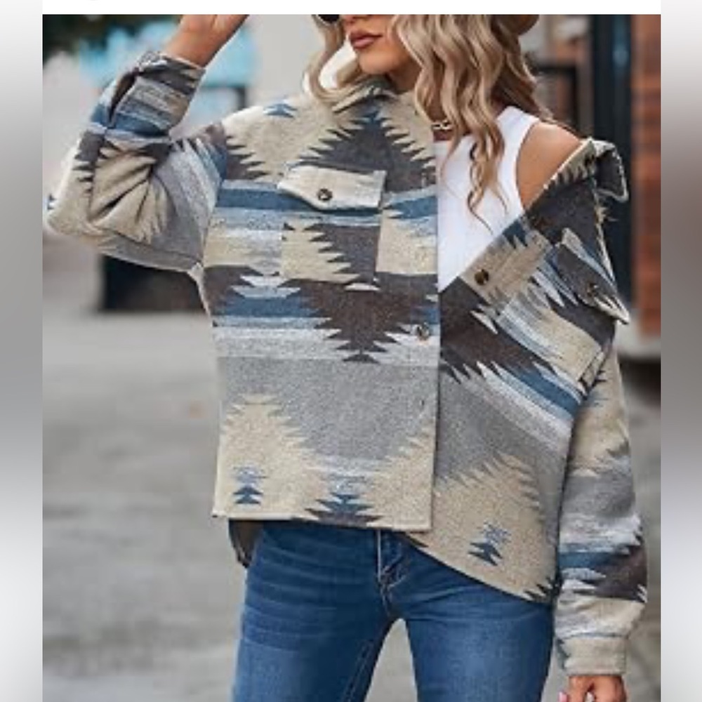 Aztec Print Button-Front Shacket - Neutral Blue